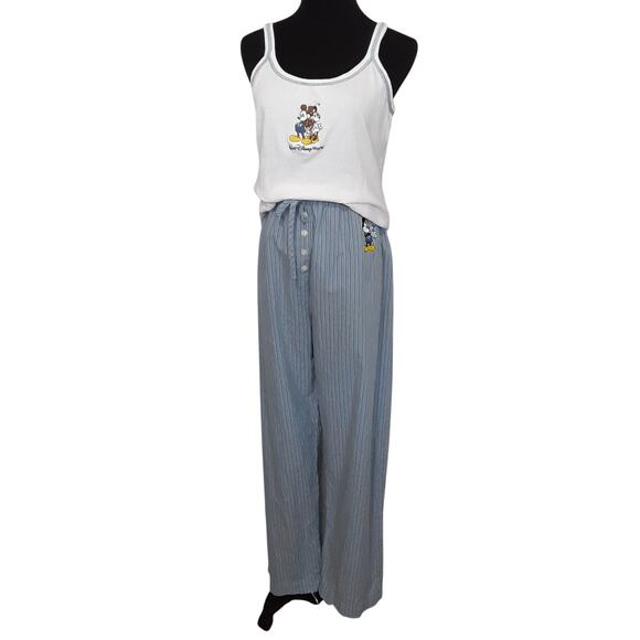 Disney Parks WDW Vintage Mickey Embroidered Pajama Set Wide Leg Pants Cami Top L - Picture 2 of 13
